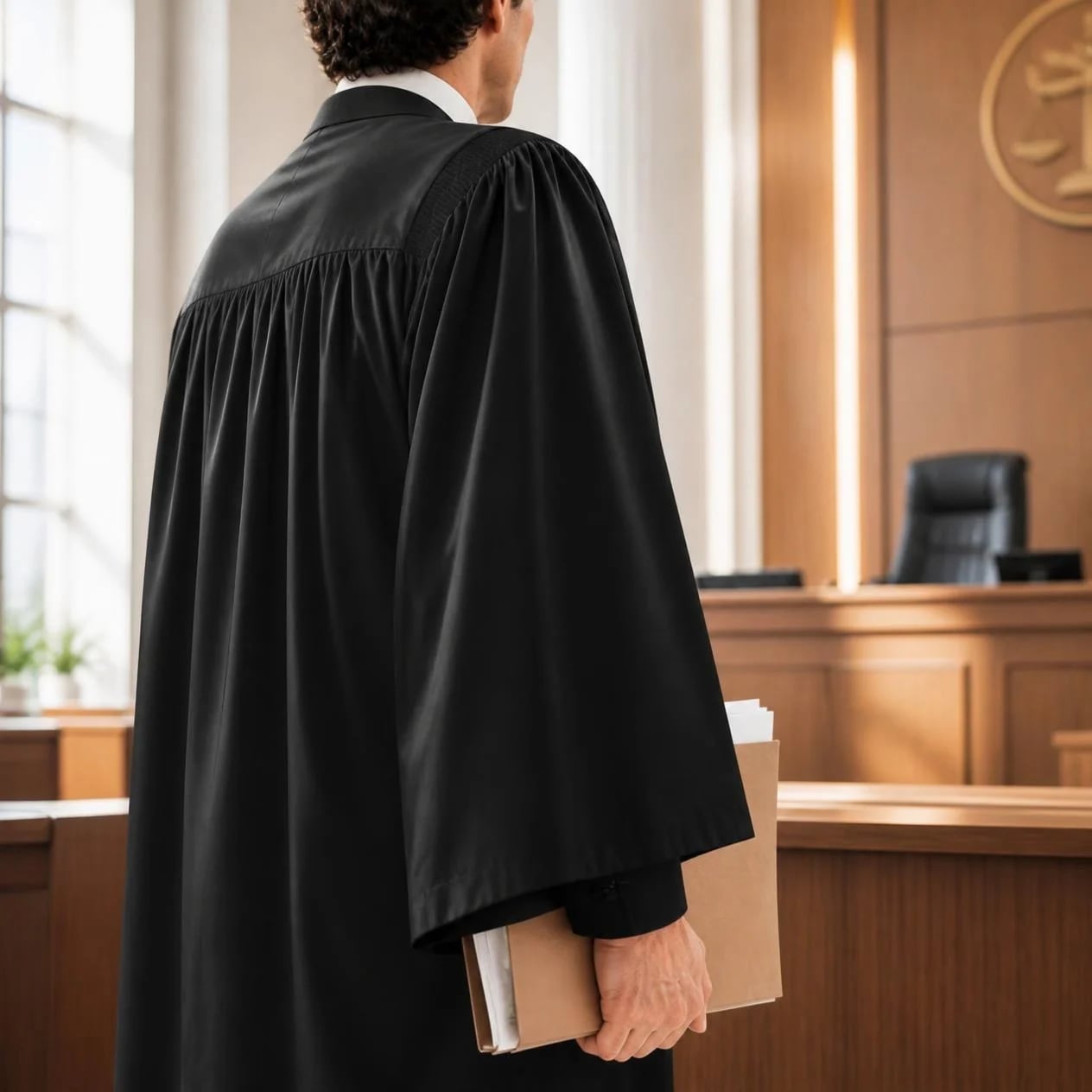 Anwalt in Robe mit Akten in der Kanzlei